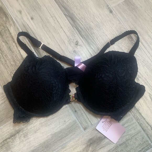 Savage X Fenty Romantic Corded Lace Front-Closure Push-Up Bra Black Caviar 42DD - Picture 1 of 9